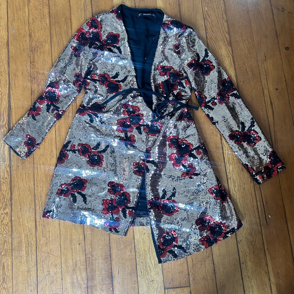 Zara Gold and Red Sequin Floral Blazer